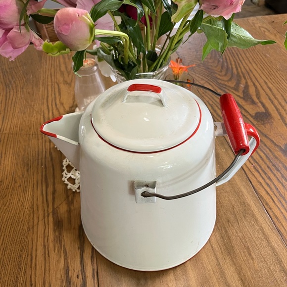 vintage enamel coffee pot Kitchen Vintage Enamel White Red Coffee
